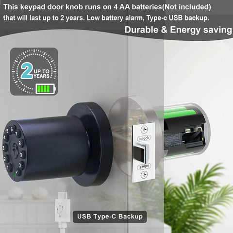 Keyless Entry Door Lock With Backlit Keypad And Master Code Electronic Door Knob showing battery compartment and USB backup