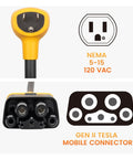 Drop The Standard 120 V Wall Adapter Right Into Your Tesla Gen Two Three Mobile Connector For Easy Home Charging On Model Three Y S X Road Trips With Zero Fuss Today, NEMA 5-15 plug and Tesla Gen II connector detail.