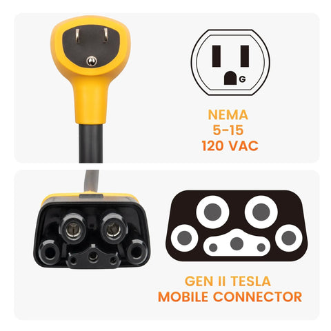 Drop The Standard 120 V Wall Adapter Right Into Your Tesla Gen Two Three Mobile Connector For Easy Home Charging On Model Three Y S X Road Trips With Zero Fuss Today, NEMA 5-15 plug and Tesla Gen II connector detail.