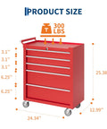 Five Drawer Rolling Tool Chest With Wheels And Central Lock System, Pro Grade Secure Storage Cabinet For Warehouse, Workshop, And Repair Shop, Portable Tool Box On Casters, Heavy Duty Red, 24.34 x 12.99 x 25.38 in