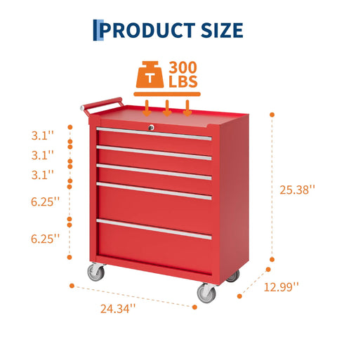 Five Drawer Rolling Tool Chest With Wheels And Central Lock System, Pro Grade Secure Storage Cabinet For Warehouse, Workshop, And Repair Shop, Portable Tool Box On Casters, Heavy Duty Red, 24.34 x 12.99 x 25.38 in
