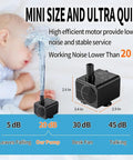 Automatic Mini Sewage Pump With Water Sensor, 3 Feet Lift, 100 GPH, shown near baby for size and noise comparison