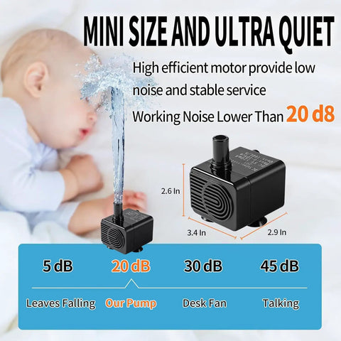 Automatic Mini Sewage Pump With Water Sensor, 3 Feet Lift, 100 GPH, shown near baby for size and noise comparison