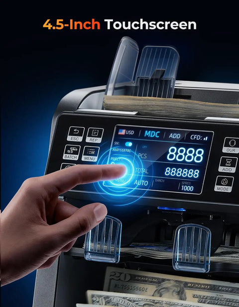 IMC23 Cash Counter Machine With Mixed Denominations, Reject Pocket, 4.5-inch touchscreen display in use