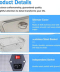 Professional 10 Liter Ultrasonic Cleaner With 40 khz Frequency And Built In Heater showing stainless steel cover, basket, and switch details.