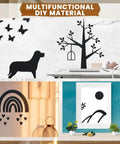 Collage of multifunctional DIY materials including wall art silhouettes of a dog, tree, butterflies, rainbow, and abstract shapes.
