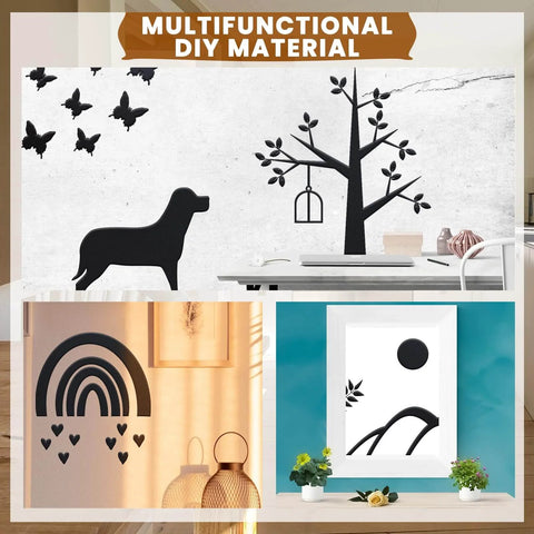 Collage of multifunctional DIY materials including wall art silhouettes of a dog, tree, butterflies, rainbow, and abstract shapes.