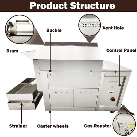Front view of Commercial Gas Coffee Roaster With 110 Lb Drum Capacity For Roasting Beans Nuts Seeds Chestnuts Peanuts Walnuts And More Beefy Heavy Duty Single Phase 220V Drum Roasting Machine showing controls and components