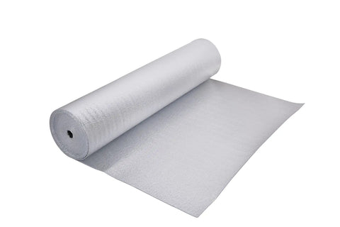 Beat The Heat 3MM Closed Cell Foam Radiant Barrier Insulation Roll With Reflective Engineered Foil Thermal Shield unrolled showing foil surface.