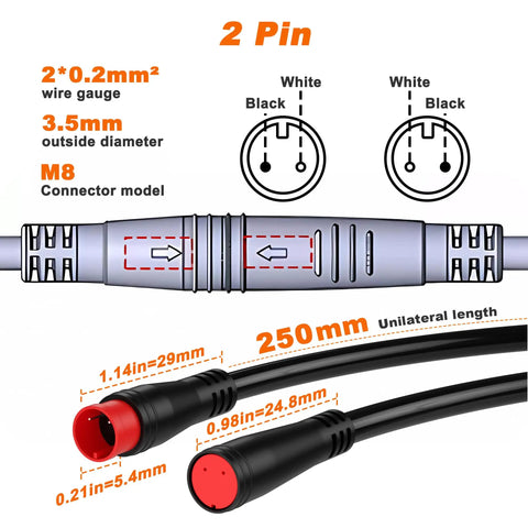 Waterproof Ebike Extension Cable With 2Pin To 6Pin Connectors, Single Connector Design For Lights, Throttle, Ebrake, DIY Ebike Parts, 0.65ft Cable, 25cm, 24AWG For Electric Bicycle Wiring Upgrades