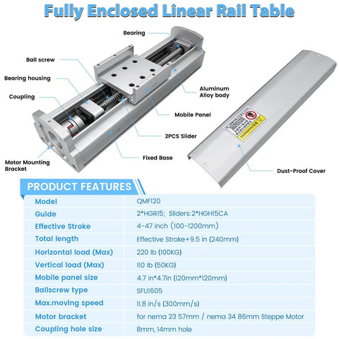 40 Inch Fully Enclosed Linear Rail Slide Table With Protective Cover Dust Proof Shield Double Rail Motion Stage 1000mm Stroke Ball Screw Guide For CNC Woodworking And Metalworking Projects, aluminum alloy body