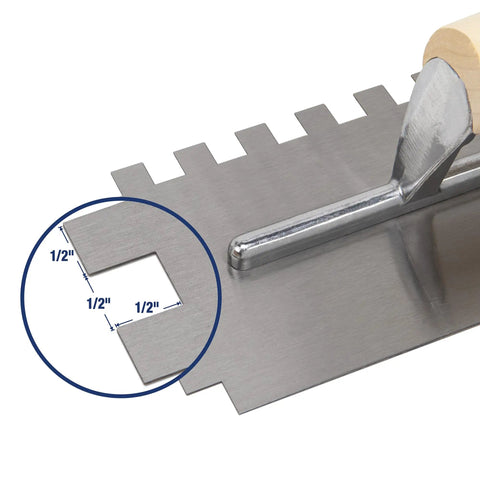 Half Inch Square Notch Carbon Steel Trowel With Wooden Handle For Thinset And Mortar Eleven Inch By Four And A Half Inch Blade