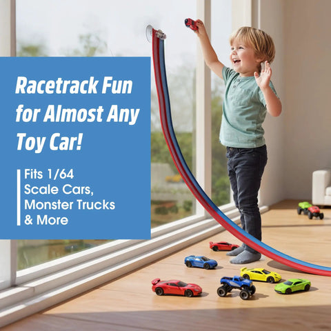 Child playing with Flexible Race Track For Kids 15 Foot Roll Up Starter Set With Suction Cups Compatible With Hot Wheels 1 64th Cars