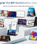 Laptop Screen Extender 16 Inch 2.5K Portable Triple Monitor showing multiple setup combinations with different screen orientations.