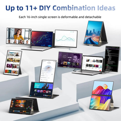 Laptop Screen Extender 16 Inch 2.5K Portable Triple Monitor showing multiple setup combinations with different screen orientations.