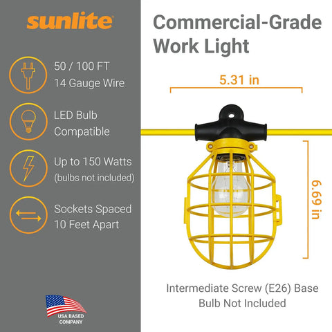 Commercial-grade work light with cage measuring 5.31 x 6.69 inches, part of Tough As Nails Construction Cage String Lights for 100 ft run.