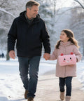 Super Cute Plush Bunny Shape Hand Warmer Muff Pillow That Locks In Heat For Winter Chill Days Without Electricity held by girl walking with man.