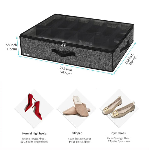 Sick Under Bed Shoe Storage Organizer Set Of 2, Straight Up Closet Flex Hosting Up To 24 Pairs Of Kicks, Clear Window, Breathable Black Linen Look, Foldable Space Saver Design