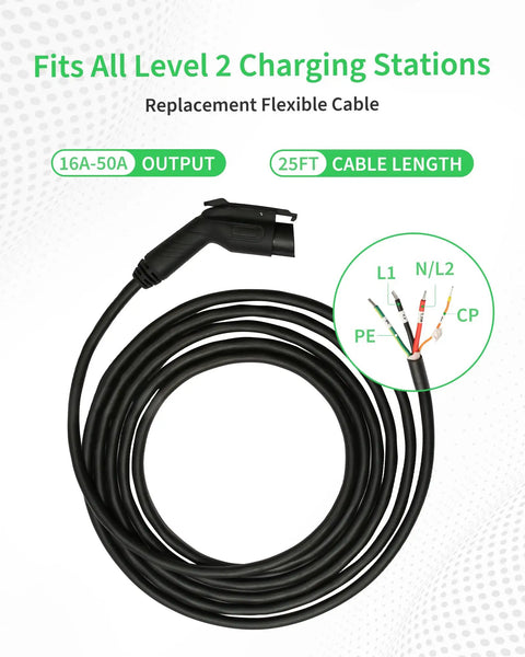 Premium Sae J1772 Level 2 Electric Vehicle Charging Cord Upgrade Your Daily Routine With This Rugged Fifty Amp Replacement Cable Measuring Twenty Five Feet with a flexible cable design.