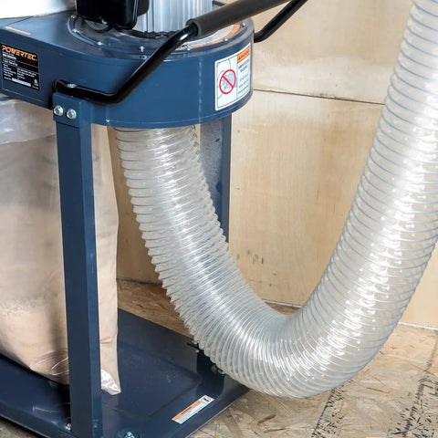 4 Inch Anti Static Dust Collection Hose 10 Feet Flexible PVC connected to a dust collector for woodworking and garage use