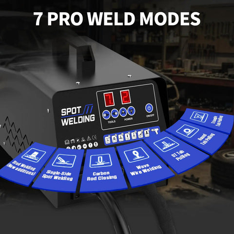 Powerful Auto Body Dent Repair Kit With 4200A Stud Welder, 7 Welding Modes selector display in workshop