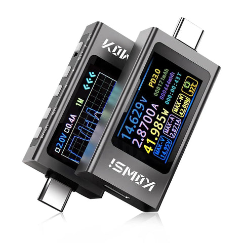 USB C Power Meter Tester With LCD Display Digital Multimeter For PD 3.1 Protocol Testing Type C Voltage And Current Meter Fast Charging Up To 240W 40V 12A Handy USB C Voltage Tester For Your Charging Gear showing a detailed color LCD screen.