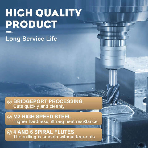 Bridgeport HSS end mill set, 6 pcs, 3/4–1 in diameter, 4- and 6-flute, Weldon shank