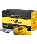 No Sweat 3/8 Inch 20 Gauge Cap Nosed Staples And Plastic Caps For Roofing Felt Housewrap Synthetic Underlayment Lumber Wrap Fits Stinger Guns Micro Shear Design Stops Jams Cold Daily, showing box with staples and yellow caps.