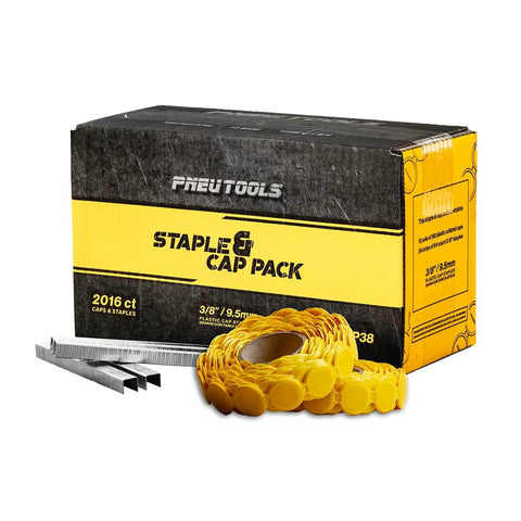 No Sweat 3/8 Inch 20 Gauge Cap Nosed Staples And Plastic Caps For Roofing Felt Housewrap Synthetic Underlayment Lumber Wrap Fits Stinger Guns Micro Shear Design Stops Jams Cold Daily, showing box with staples and yellow caps.