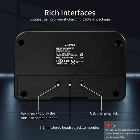 Back panel ports of Portable 5W Bluetooth Guitar Amp For Practice With Dual 5W Speakers Clean And Overdrive Channels