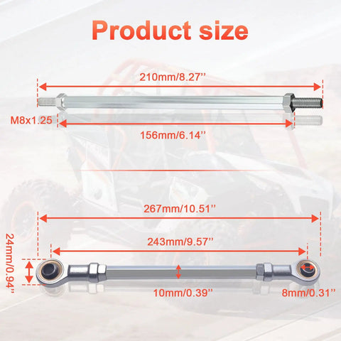 Two Pack 210mm Universal Steering Shaft Tie Rods Eleven Inch By Five Sixteenth Inch Plug And Play Go Kart ATV Replacement Parts Durable Steel Linkage For Quick Install And Long Lasting Performance, 210mm M8x1.25