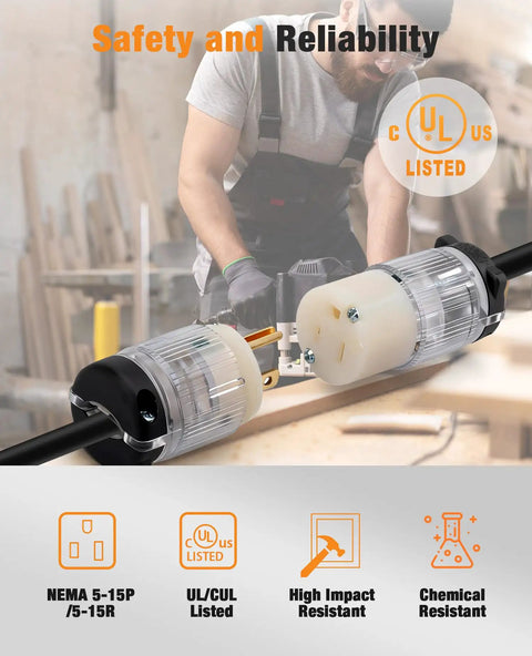 Lighted NEMA 5-15P To 5-15R Extension Cord Ends With Power Indicator, 15 Amp 125 Volt 2 Pole 3 Wire Grounding