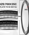 Two Pack 700x35C Foldable Road Bike Tires With Inner Tubes And Repair Kit, Presta Valve 48mm, Black tire size illustration