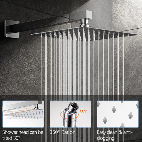 All-In-One Bathroom Rain Shower System With 12 Inch Square Shower Head And Handheld Sprayer featuring 30° tilt and 360° rotation.