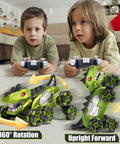 Kids playing with Gesture Sensing Dinosaur Monster Truck Remote Control Car With 8WD Off Road Stunt Vehicle, showcasing 360° rotation and upright mode.