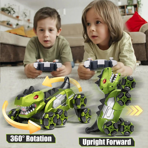 Kids playing with Gesture Sensing Dinosaur Monster Truck Remote Control Car With 8WD Off Road Stunt Vehicle, showcasing 360° rotation and upright mode.