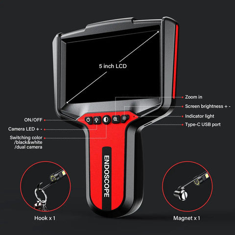 5 Inch 1080P HD Dual Lens Endoscope Camera With Light For Sewer And Plumbing Inspection 16 Foot Waterproof Flexible Borescope front view