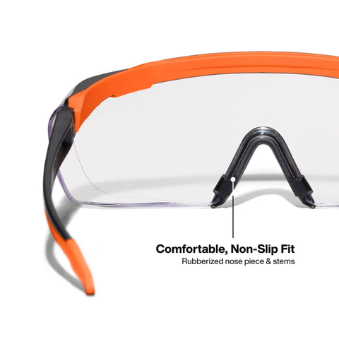 Professional Over The Glasses Safety Glasses With Clear Lens And Anti Fog Scratch Resistant Coating Ansi Z87 Plus Csa Z94 Certified close-up view of rubberized non-slip nose piece.
