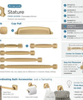 Stature Champagne Bronze Cabinet Pull 5-1/16 Inch Center-To-Center Drawer Handle, shown with related accessories and dimensions.