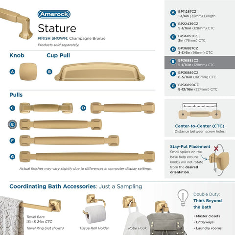 Stature Champagne Bronze Cabinet Pull 5-1/16 Inch Center-To-Center Drawer Handle, shown with related accessories and dimensions.
