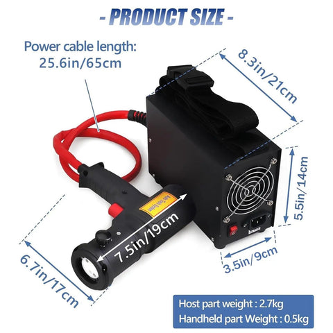 Handheld Flameless Induction Heater 1500W Spot Warmer dimensions with power cable, ergonomic design for rusted nut removal.