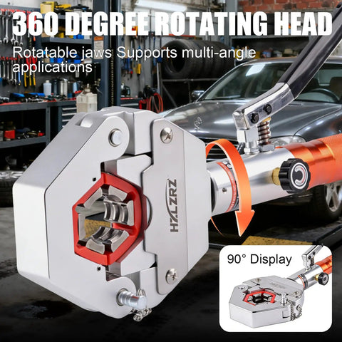 Close-up of Heavy Duty Hydraulic AC Hose Crimper Kit with rotatable jaws in automotive repair setting