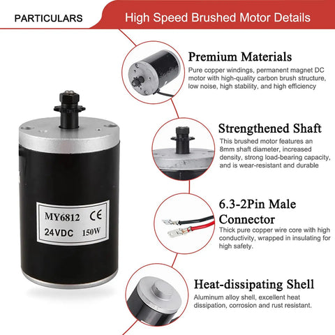 24V 150W Electric Scooter Motor With 7 Tooth 25H Chain Sprocket MY6812 Brush DC Motor details and features