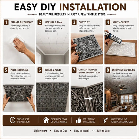 Aged Silver 2X2 Ceiling Tiles Pack Of 10 showing DIY installation steps for drop-in or glue-up, easy ceiling upgrade.