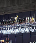 Iron Ceiling Mount Wine Rack Cabinet with hanging holder and glasses, rock solid heavy duty two layer ceiling shelf over bar