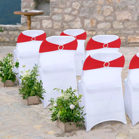 Outdoor wedding setup with Red Spandex Chair Sashes 30 Pack Premium Stretch Bows With Buckle Slider on white chairs