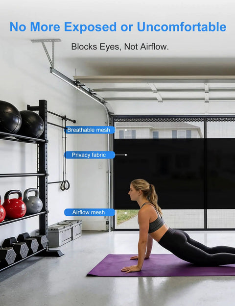 Privacy Garage Door Screen for 2 Car Garage 16x7 Ft Retractable Slide Track System with Heavy Duty PET Mesh and Blackout Privacy Panel in use