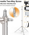 Beefy 9.2 Ft Heavy-Duty Light Stand Kit Two Pack With Dual Springs shown with 1/4 to 3/8 inch screw adapter, supporting lighting equipment.