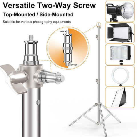 Beefy 9.2 Ft Heavy-Duty Light Stand Kit Two Pack With Dual Springs shown with 1/4 to 3/8 inch screw adapter, supporting lighting equipment.