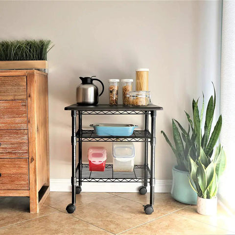 Rock Solid Three Tier Printer Stand Desk Organizer In Sleek Black Finish Scratch Resistant Laminate Top With Heavy Duty Steel Frame For Clean Home Office Setup And No Nonsense Desktop Storage Solutions